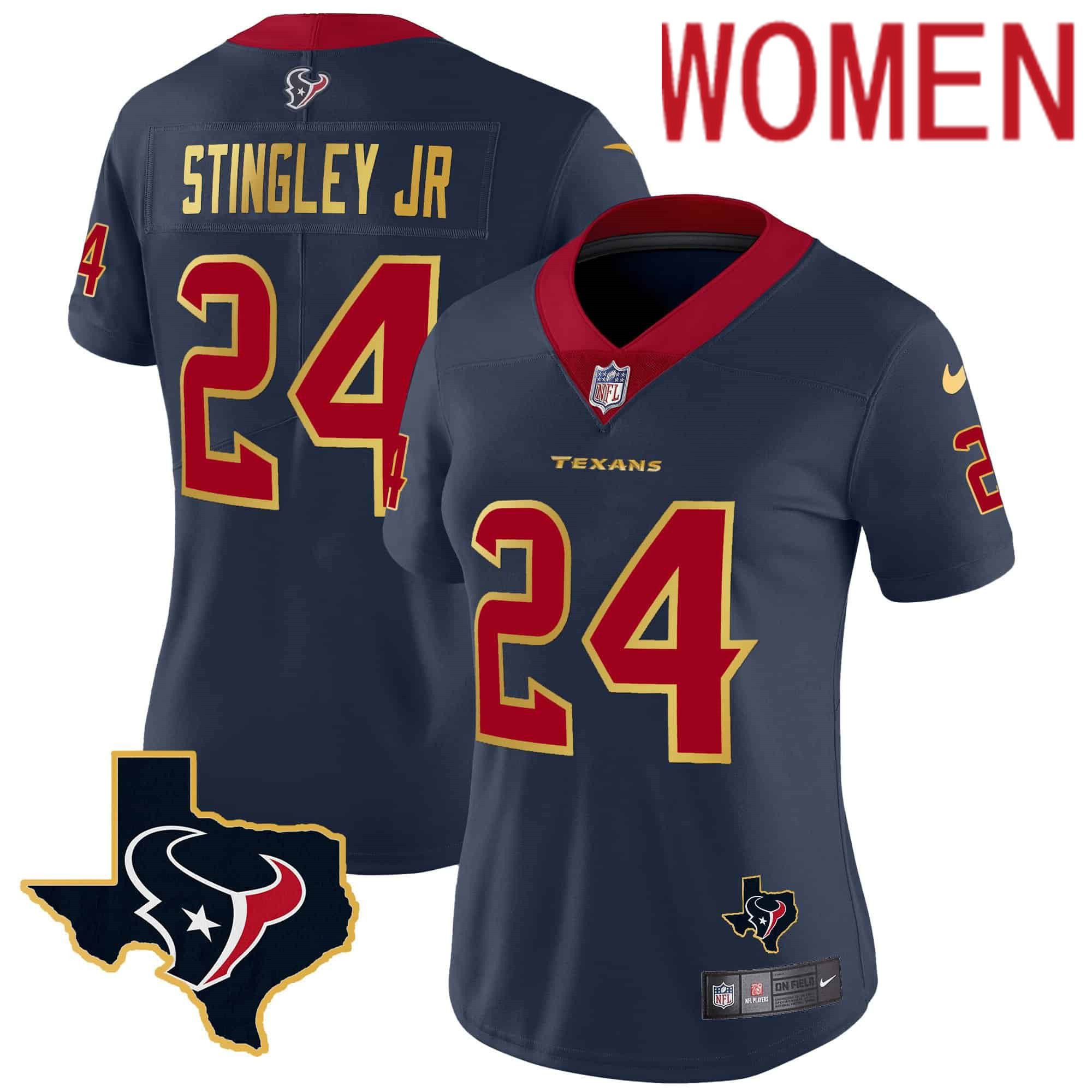 Women Houston Texans #24 Stingley jr Dark blue Gold 2024 Nike Trim Vapor NFL Jersey style 1